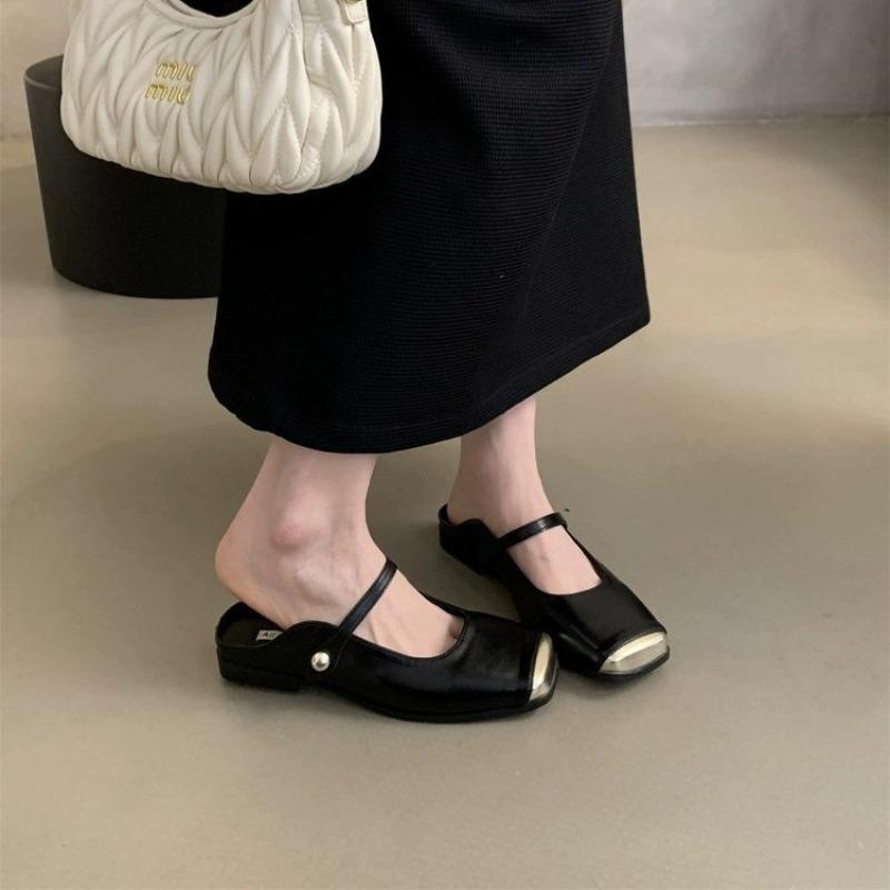 Новые стильные женские мюли с квадратным носком металлическим носком и ремешком с пряжкой различных цветов большого размера Zapatos Mujer 40 чёрный 3750₽