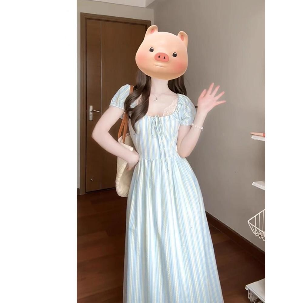 

Women s Summer Striped Puff Sleeve Square Neck Dress - Elegant, Waist-Hugging, Light Luxury, Long Casual Style XL-(recommended for 110-120 jin)