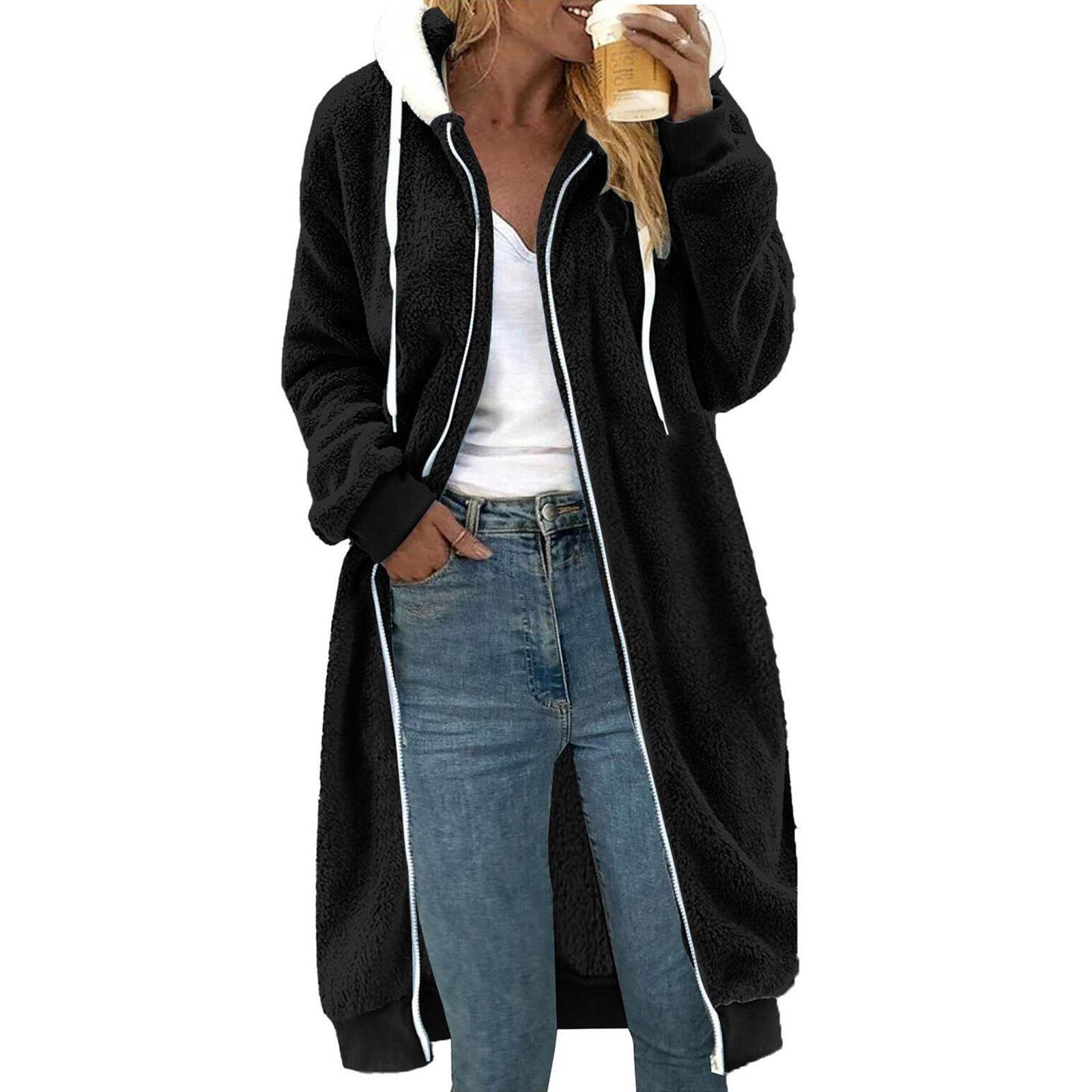 

Женская свободная удобная повседневная и модная куртка с V-образным вырезом, длинными рукавами, средней длины или удлиненная, двухсторонняя плюшевая, с капюшоном L чёрный