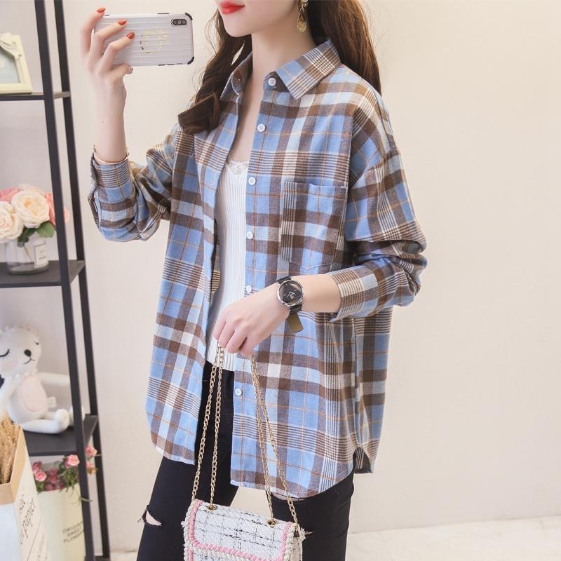 

Осенние клетчатые рубашки, женские блузки и свободная клетчатая женская одежда с длинными рукавами XL