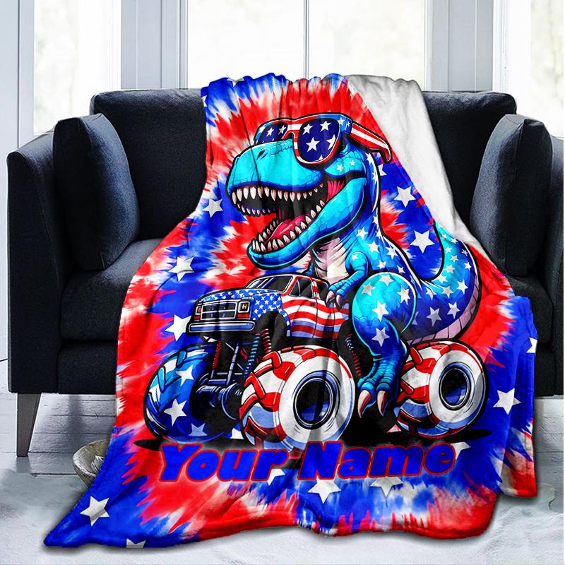 1PC Custom Name American Dinosaur Adventure outdooor Flannel blankets Patterns Throw Blanket All-Season Soft Gift for Couch, Bed, Camping gifts