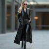 Grensoverschrijdende Europese en Amerikaanse stijl lange leren jas voor dames, modieuze high-end afslankende PU leren jas, 2026 nieuwe collectie