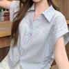 Ladies' Blue Plaid Shirt Women's Turn-down Collar Drawstring Short Sleeved Blouse Summer New Korean Version Versatile Top