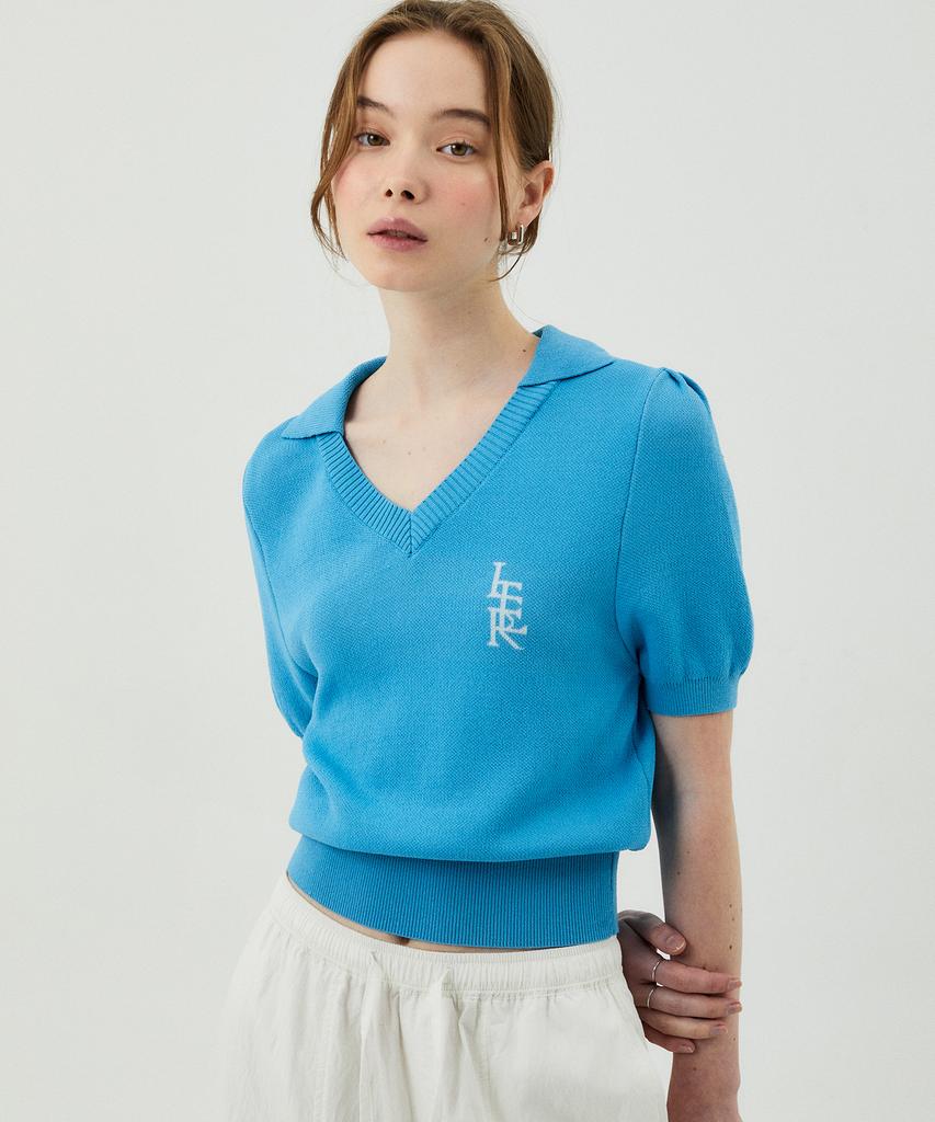 ITER Jacquard Collar V-Neck Half Knit_Ocen Blue