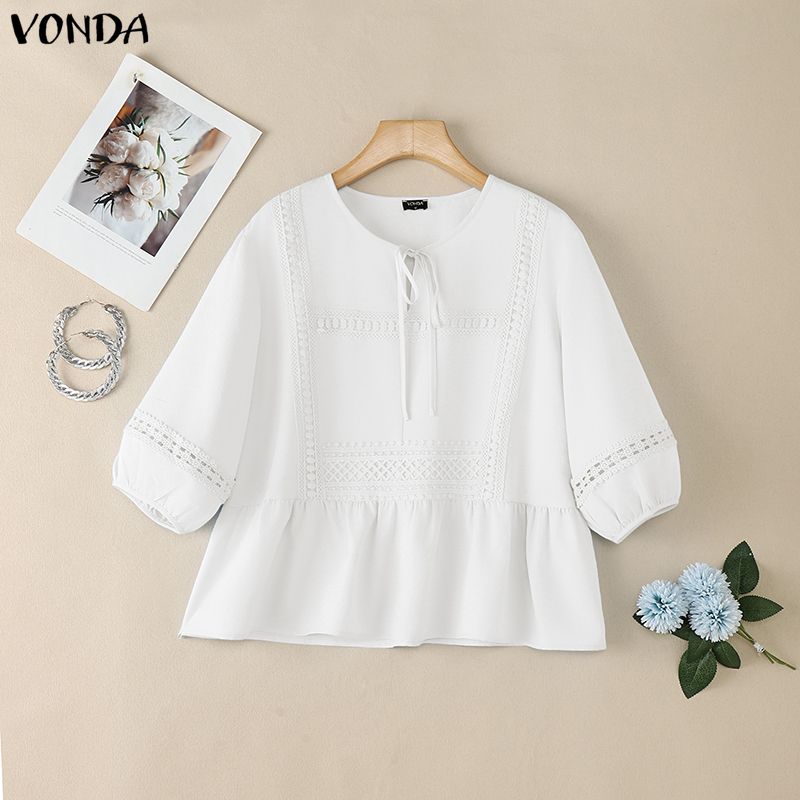 ZANZEA Summer Women Round Neck Solid Color 3/4 Sleeve Crochet Casual Blouse