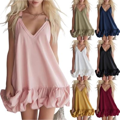 Women's Summer Fafashionable Color Sexy V-neck Sleeveless Ruffle Dress