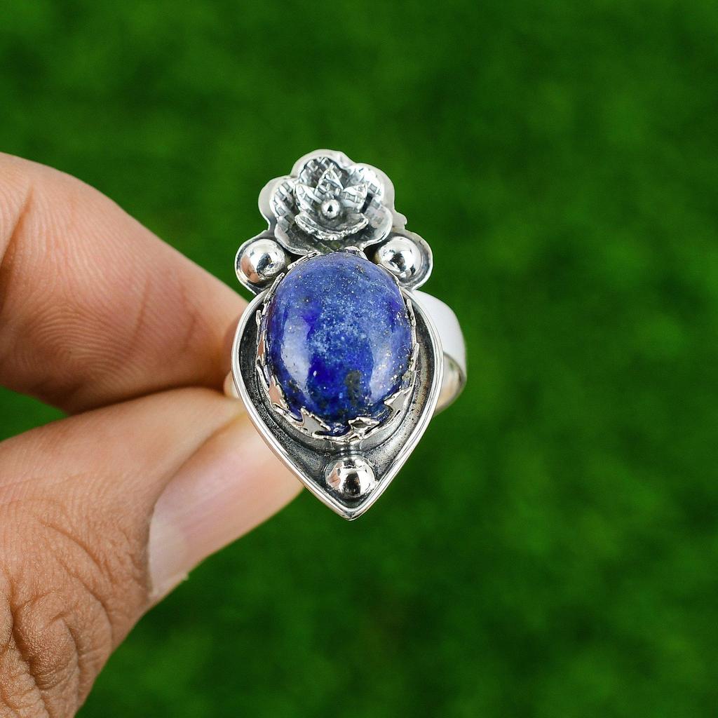 Natural Lapis Lazuli Gemstone Promise Flower Adjustable Ring 925 Sterling Silver