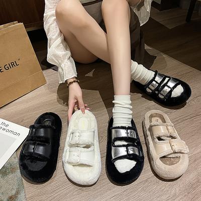 Fashion Korean Belt Buckle Designer Fur Slippers for Women Fashion Casual Autumn Winter Cotton Slippers Shoes Ladies
