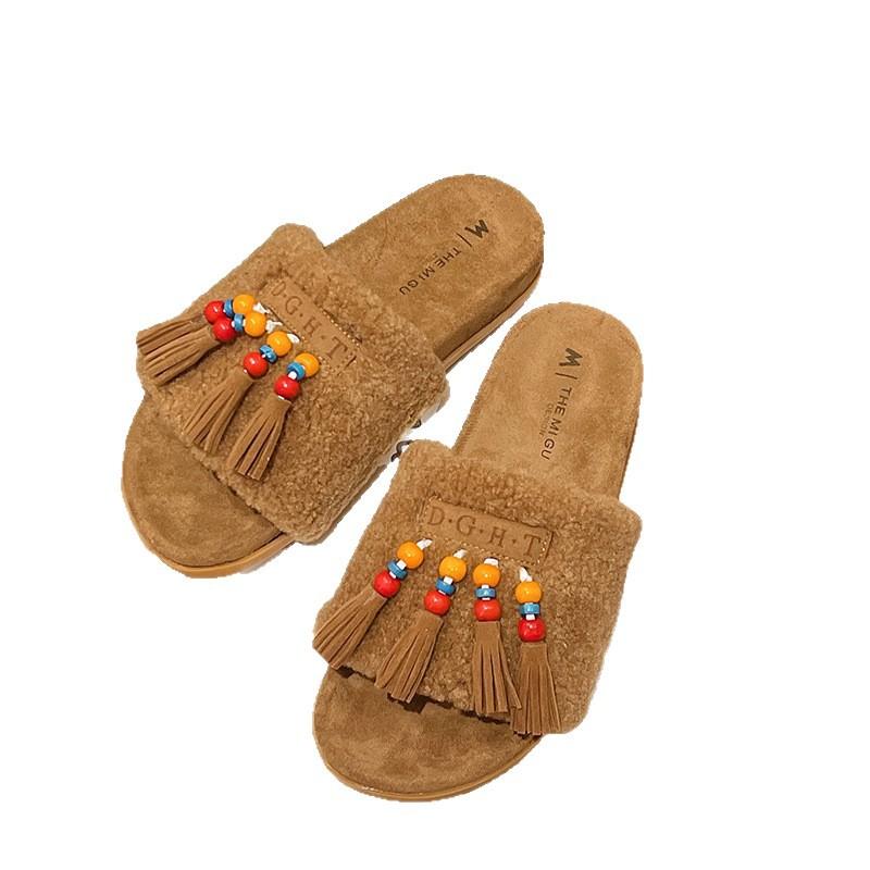 Retro tassel fluffy slippers women's 2025 autumn new wear versatile casual soft bottom lazy one-word drag