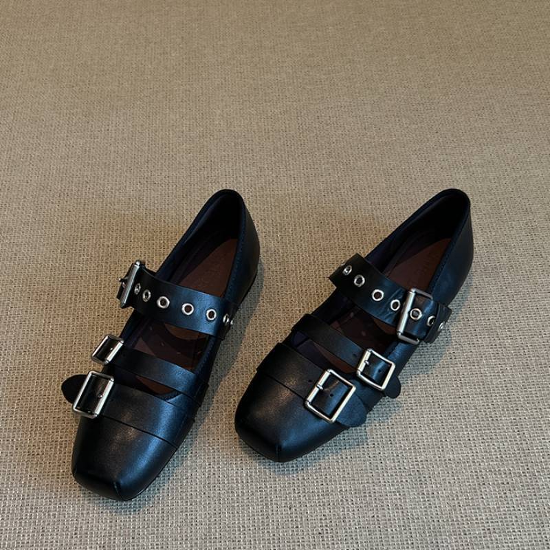 

Punk style 2025 autumn new ballet style Mary Jane shoes women s versatile leather shallow mouth square head belt buckle single shoes 35