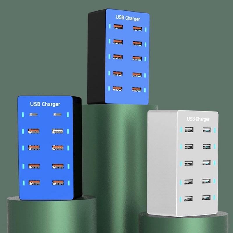 50W Multi-Port Power Strip: 10 USB Charger for Mobile Phones with US, EU, and UK Plugs