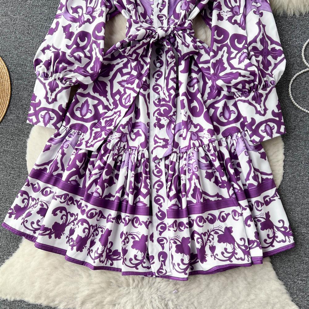 Vintage Summer Floral Print Ruffles Single Breasted Long Sleeve High Waist Vocation Beach Long Women Dress