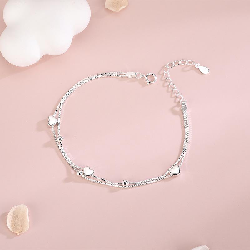Sterling Silver Double-Layer Heart & Round Bead Bracelet - Japanese & Korean Style