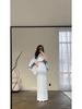 European and American 2024 Solid Color Satin Batwing Shawl Dress with Long Sleeves