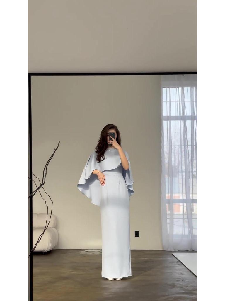 European and American 2024 Solid Color Satin Batwing Shawl Dress with Long Sleeves