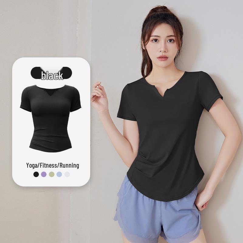 

Women s Summer V-Neck Pleated Waist Slim Fit Yoga and Training T-Shirt Large