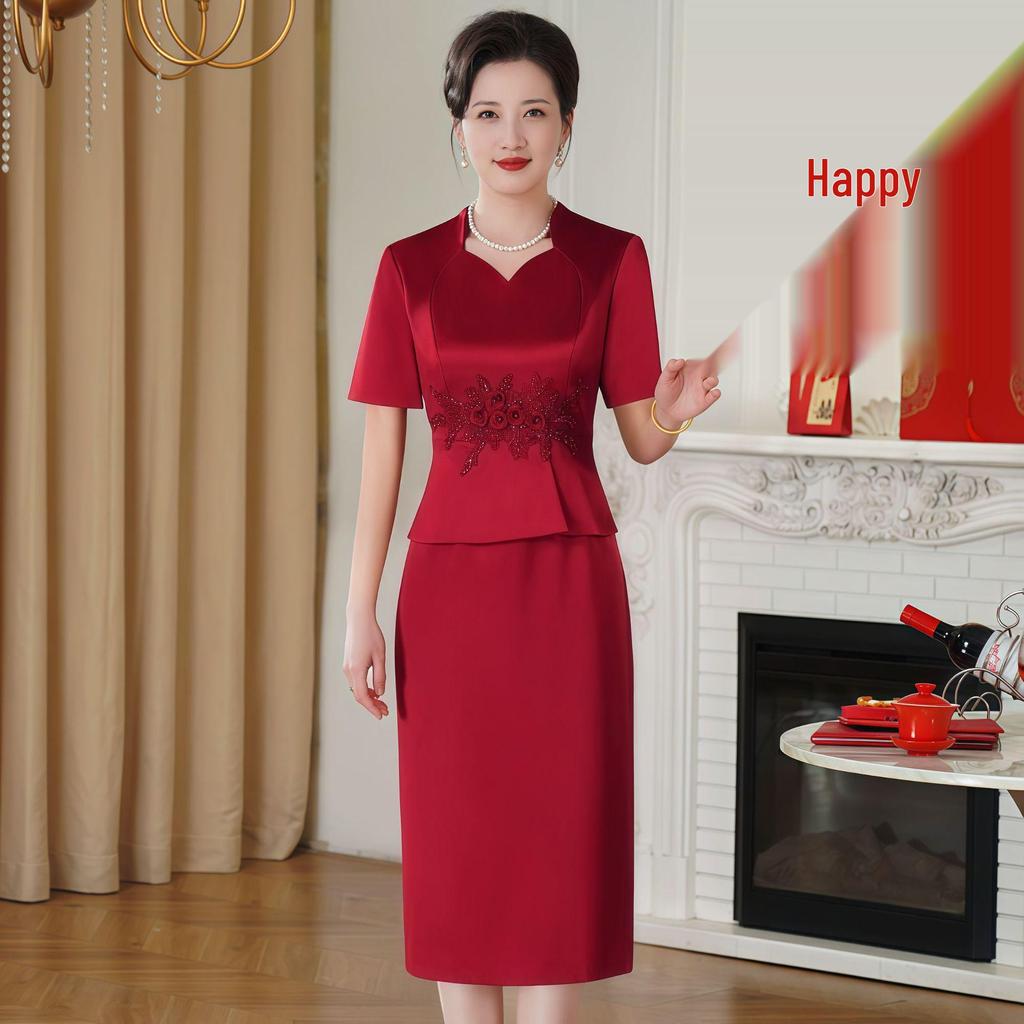 Elegant Red Chinese-Style Wedding Banquet Dress Set for Mother's Day