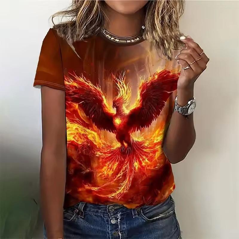 Summer Round Neck 3D Phoenix Pattern Print Top Fashionable Casual Short Sleeved Women's T-shirts