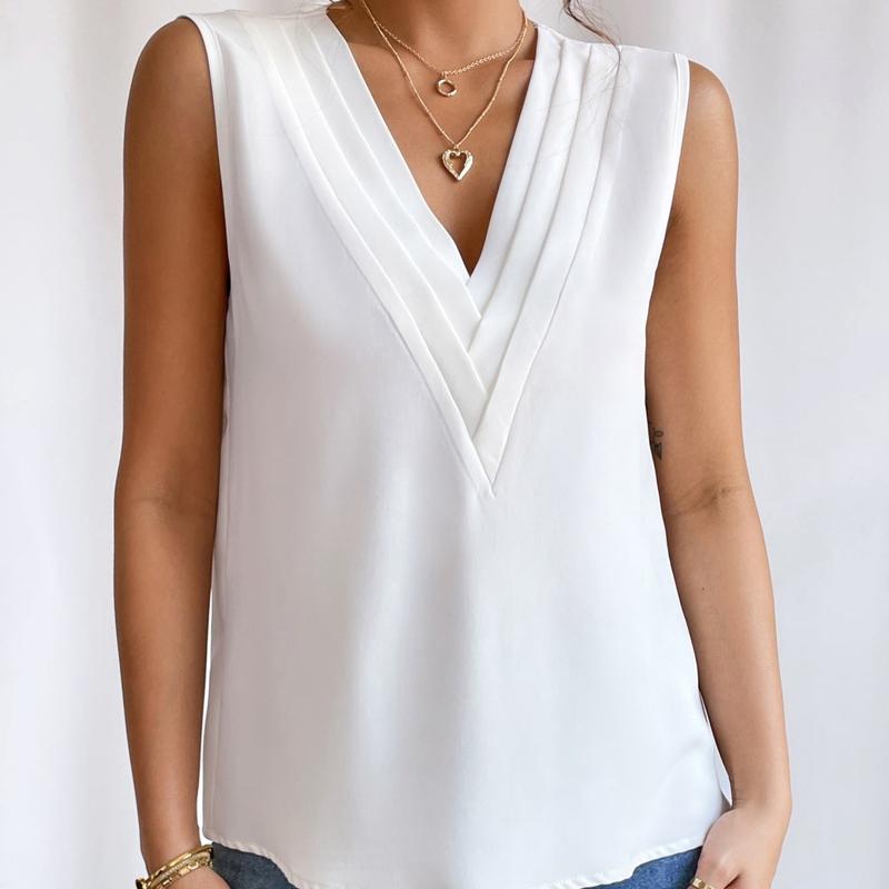 Summer New Pleated V-neck Solid Loose Shirt Women Sleeveless Elegant Casual Woman Blouse Vintage Fashion Office Lady Plus Size Blouses Tops 24716