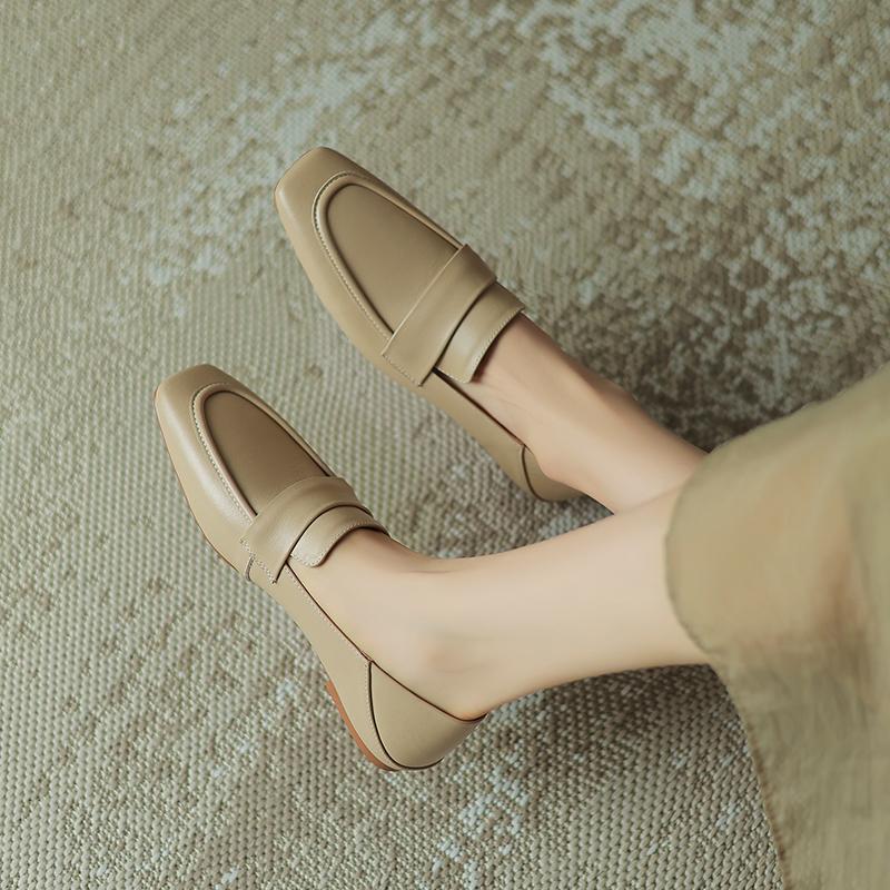 Fashion 2025 NEW Autumn Women Loafers Genuine Leather Women Shoes Square Toe Chunky Heel Shoes Women Flats Soft Ladies Shoes