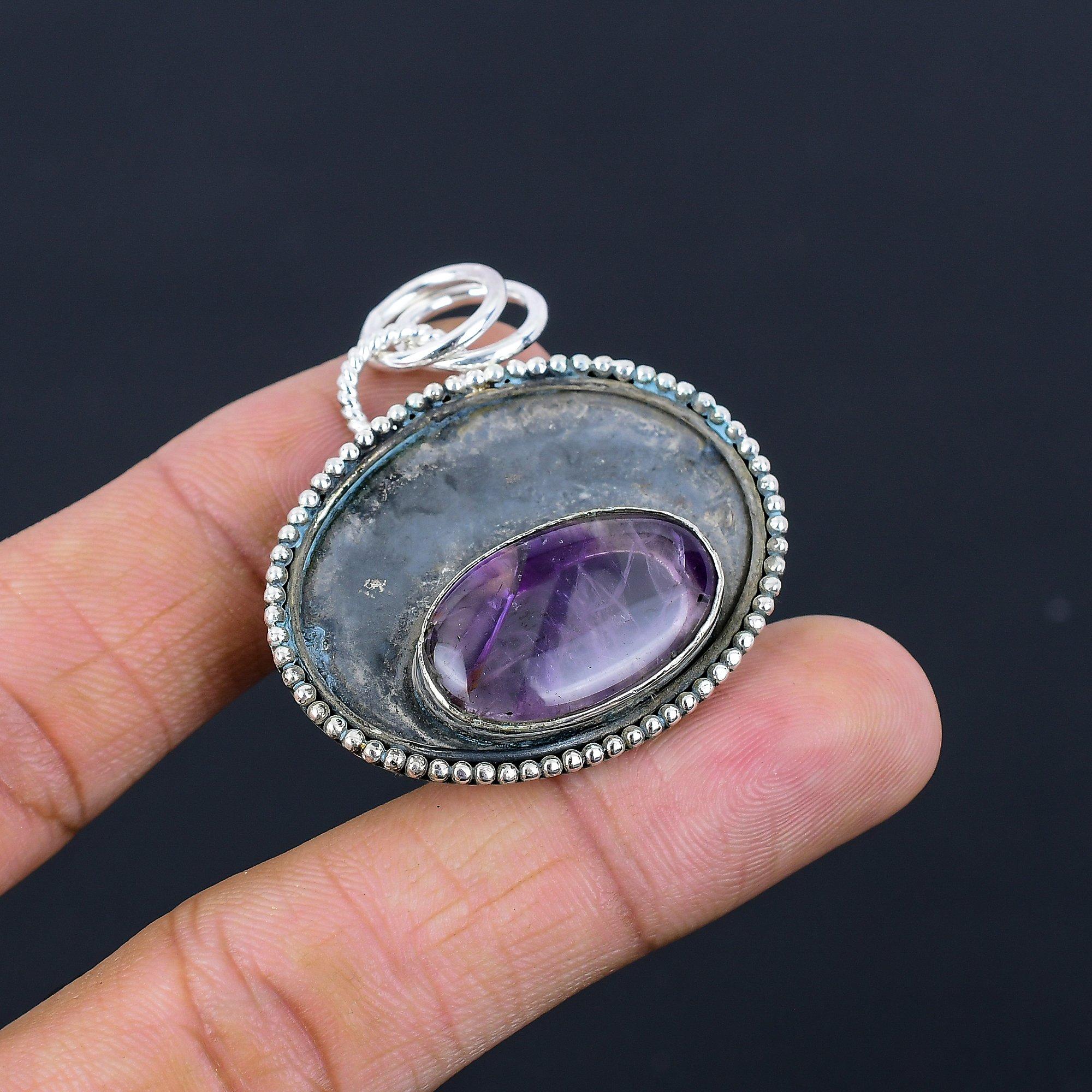 

Oval Star Amethyst Stone Bezel Wedding Crown Chakra Wife Pendant Sterling Silver