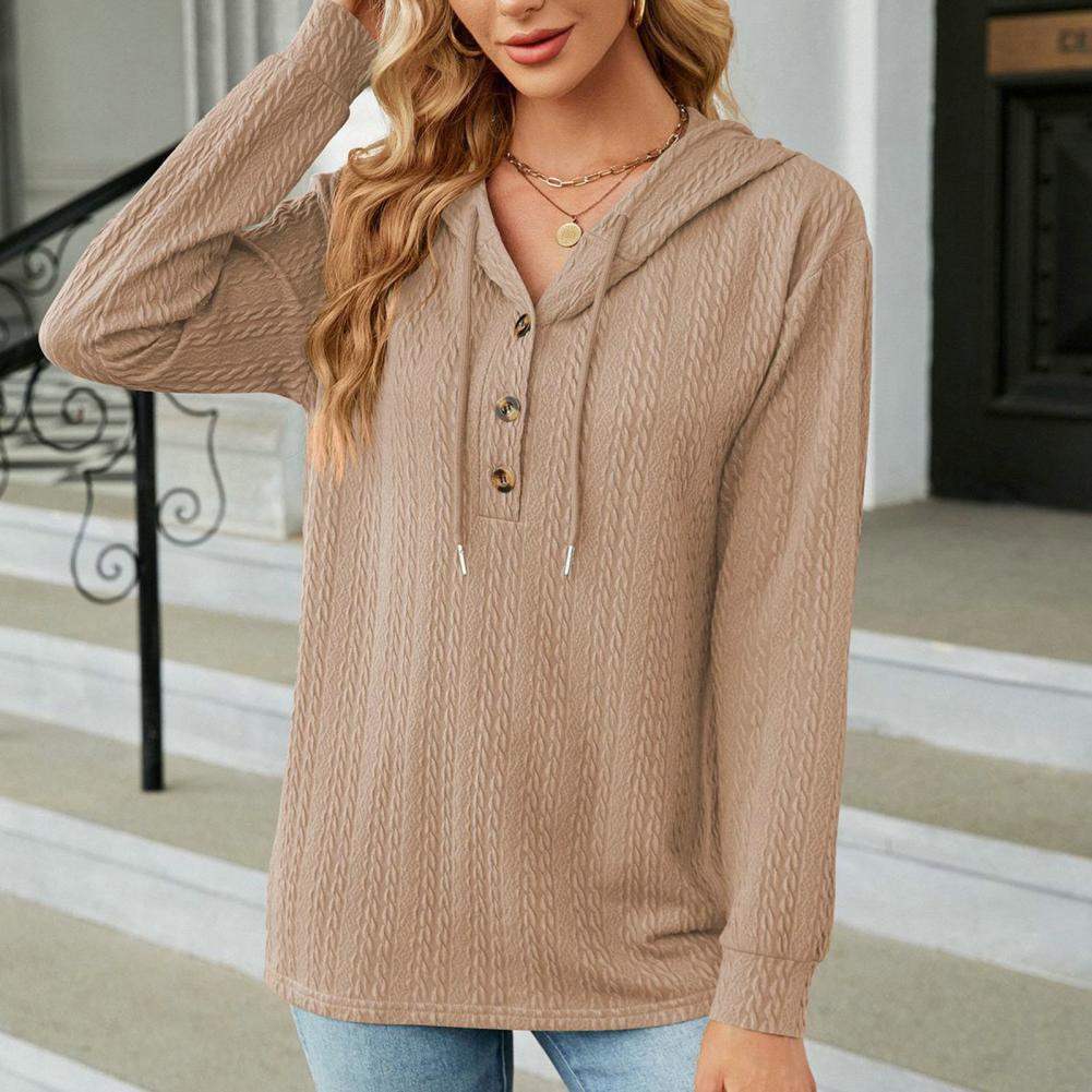 Women Autumn Winter Solid Color Hoodie Drawstring Buttons Neckline Long Sleeve Loose Fit Twist Texture Pullover Sweatshirt