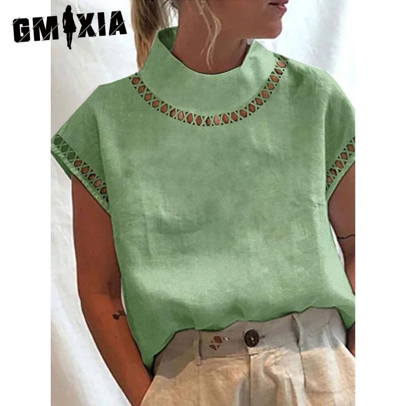 GMXIA Women's Fashion Casual Solid Color Print Short Sleeve Blouses & Shirts
