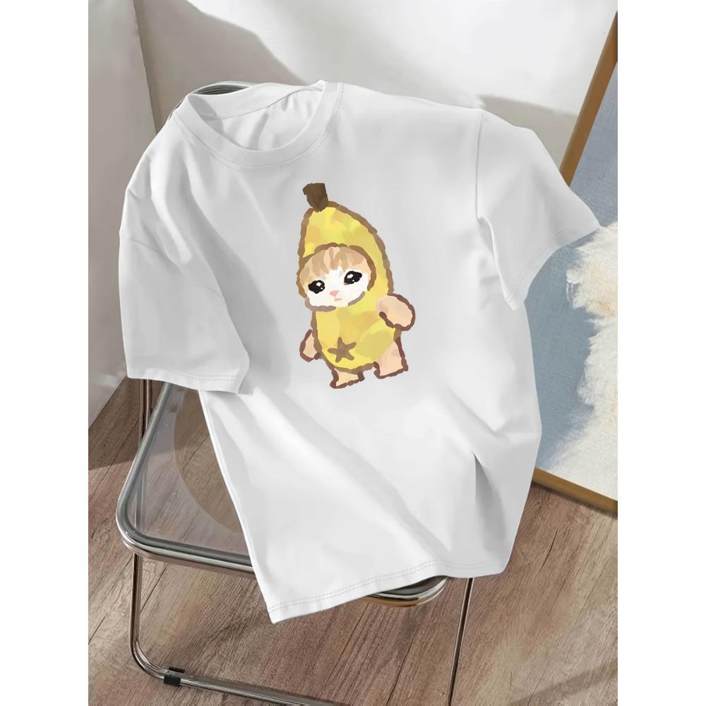 Women's Casual Sleeve with Cute Banana Cat Print Stretch Round Neck Summer Short Sleeved Streetwear Tops