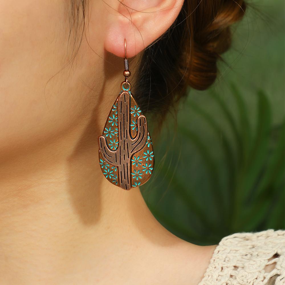 2pairs Cactus Earrings for Women Geometric Waterdrop Shaped Boho Fashion Minority Accessories Daily Wear Party Decors Gifts