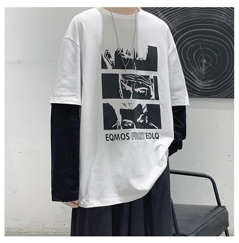 SCIONE Fake Two Hoodies Lose Langarm-T-Shirts Herren Nähte Rundhalsausschnitt Anime Print Shirt Herrenkleidung