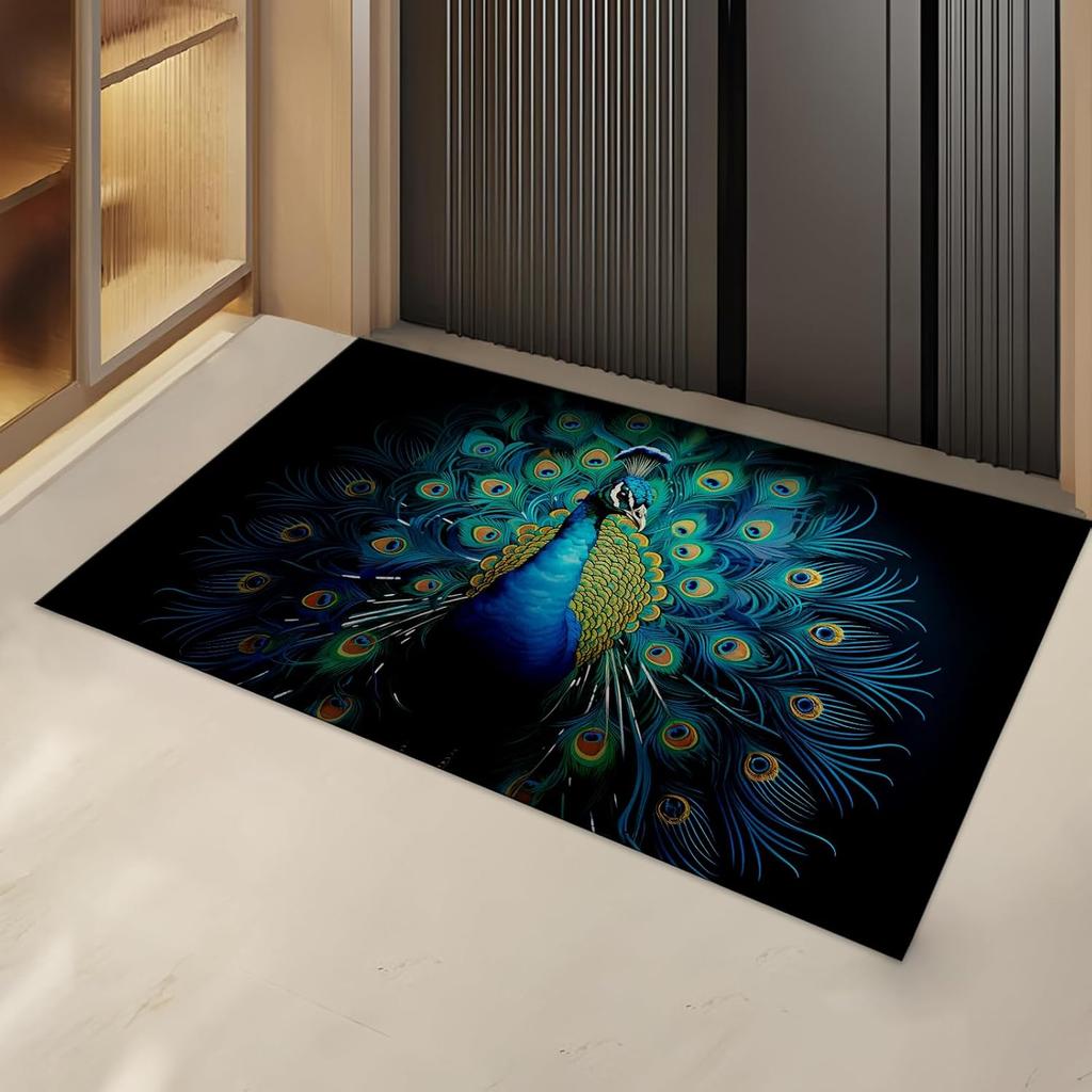 Elegant Peacock Indoor Door Mat Gifts, Floor Area Rug for Entryway, Living Room or Bathroom, Non-Slip Blue and Green Doormat Hom