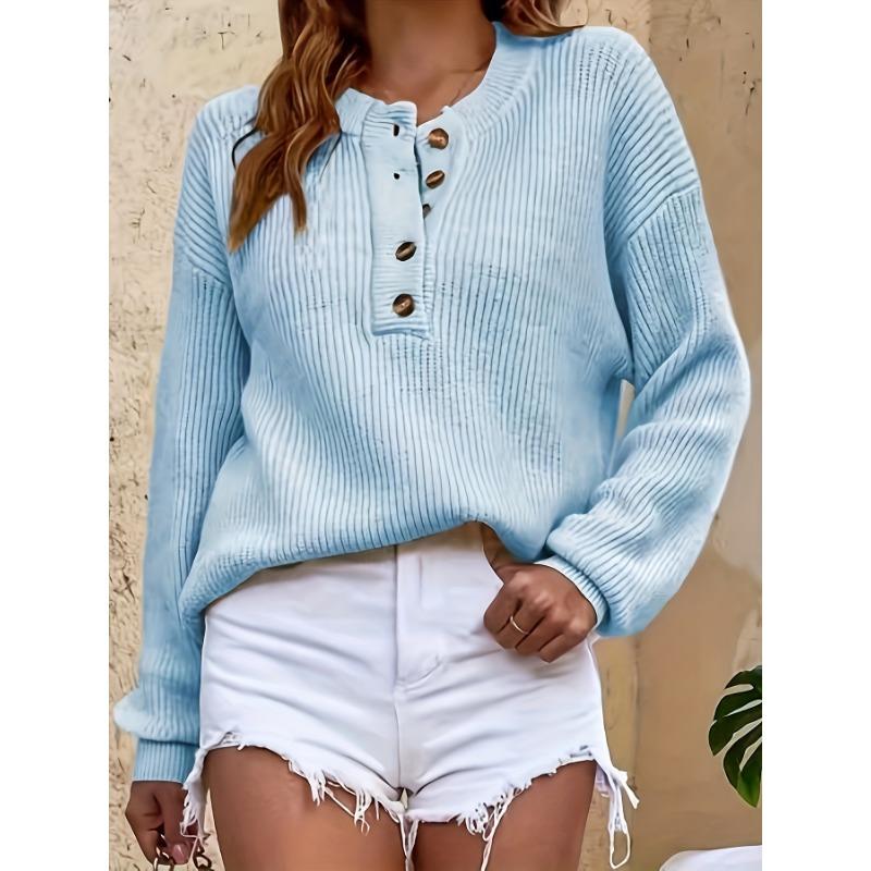 [Cozy Sweater] Soft & Comfortable Women's Cozy Pink Sweater | Casual Crew Neck, Long Sleeve Pullover for Fall/Winter, Button Details
