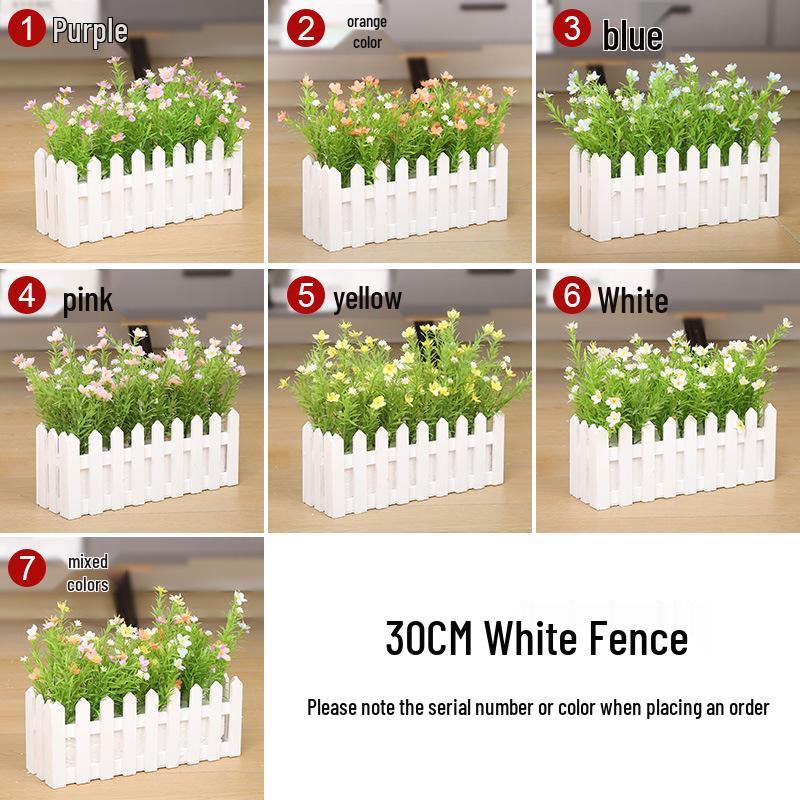 Silk Flower Pot with Wood Fence: Decorative Bonsai for Living Room or Office.