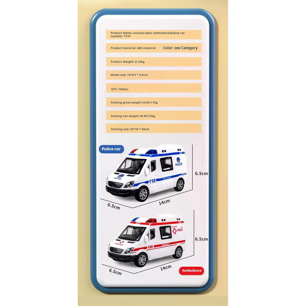 1/32 Scale Mini Car Model Diecast Gifts Ambulance Fire-Truck Policecar Model Sound and Light Vehicle Simulation Collection Toys