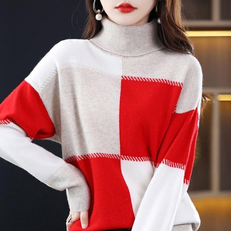 

Корейский Pullvoer Свитер Женщины Подшерсток Осень и Зима 2022 Цвет Контраст Длинный Рукав Кашемир Свитер Пуловер Женский
