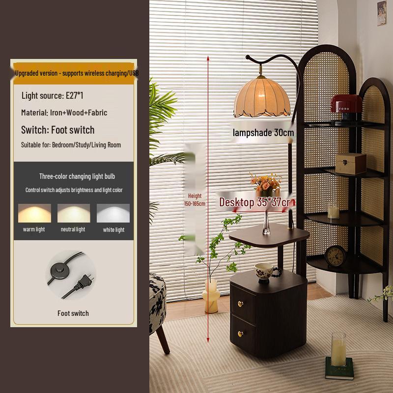 French Mid-Century Smart Bedside Table: Solid Wood, Integrated Lamp, Creative Storage Shelf