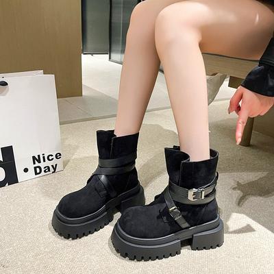 2025 Herbst neue Retro Gürtelschnalle Muffin Martin Stiefel Damen Dicksohlige Dünne Maillard Kurze Stiefel Mode Stiefel