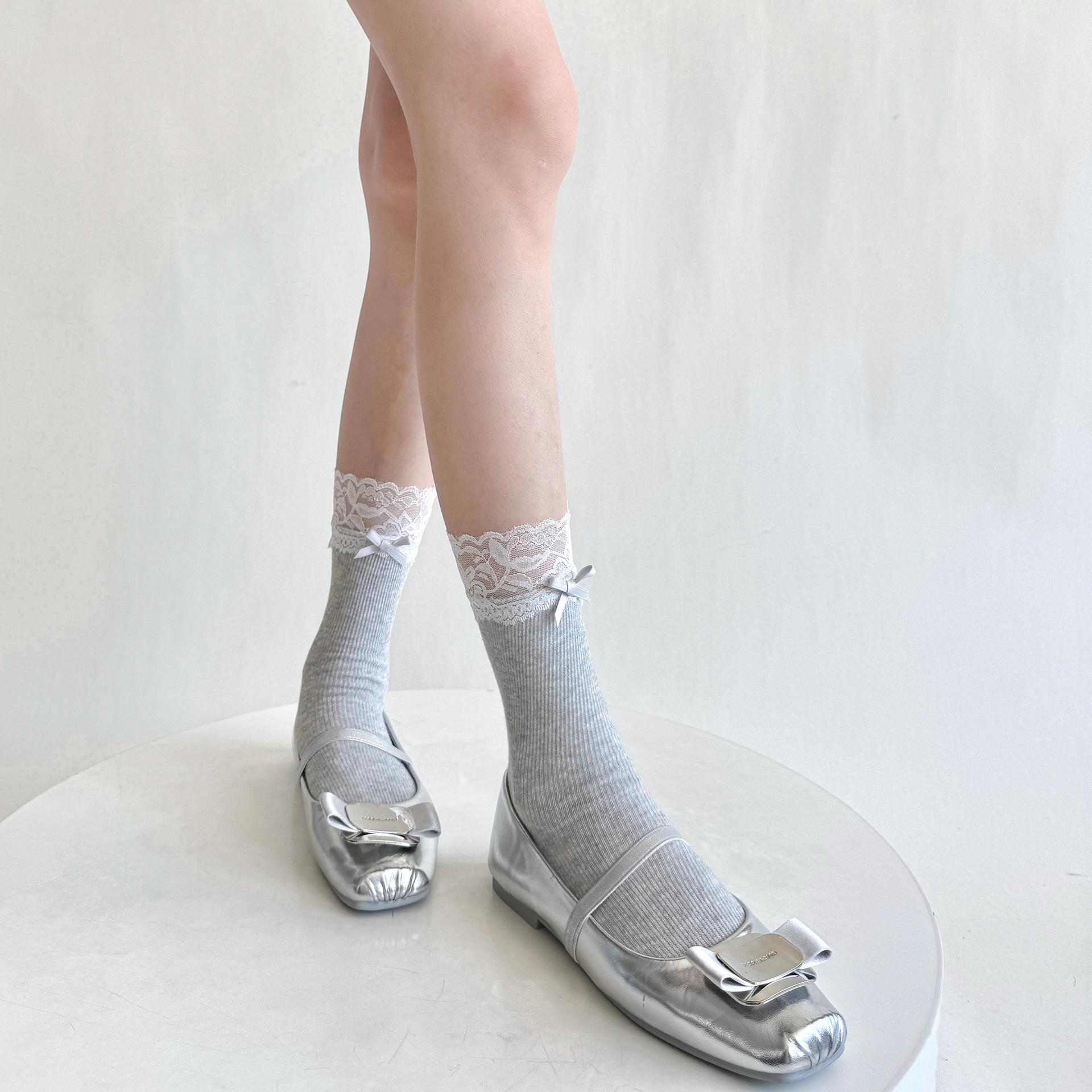 Cotton Lace Bow Mid-Calf Socks - Sweet Candy Colors with Ruffle Ankle Trim