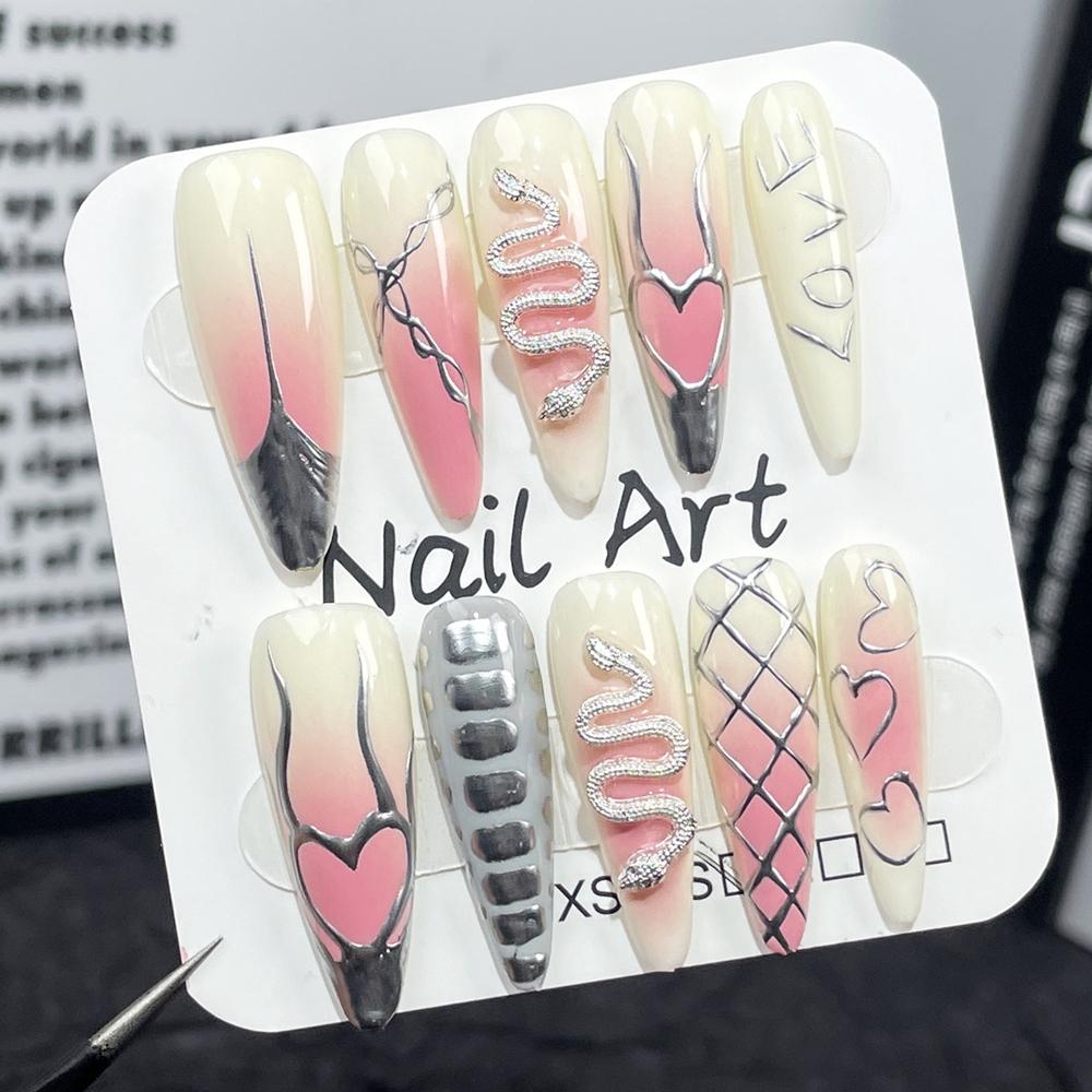 Handmade Y2K Metallic Gradient Luxury Long Stiletto Reusable Press On Nails Artificial Tips