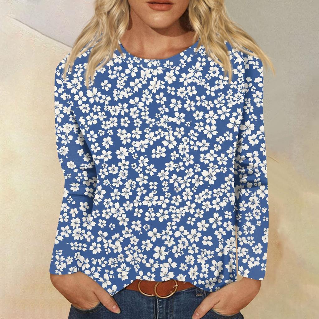 Women's Fashion Casual Long Sleeve Flowers Print Round Neck Top