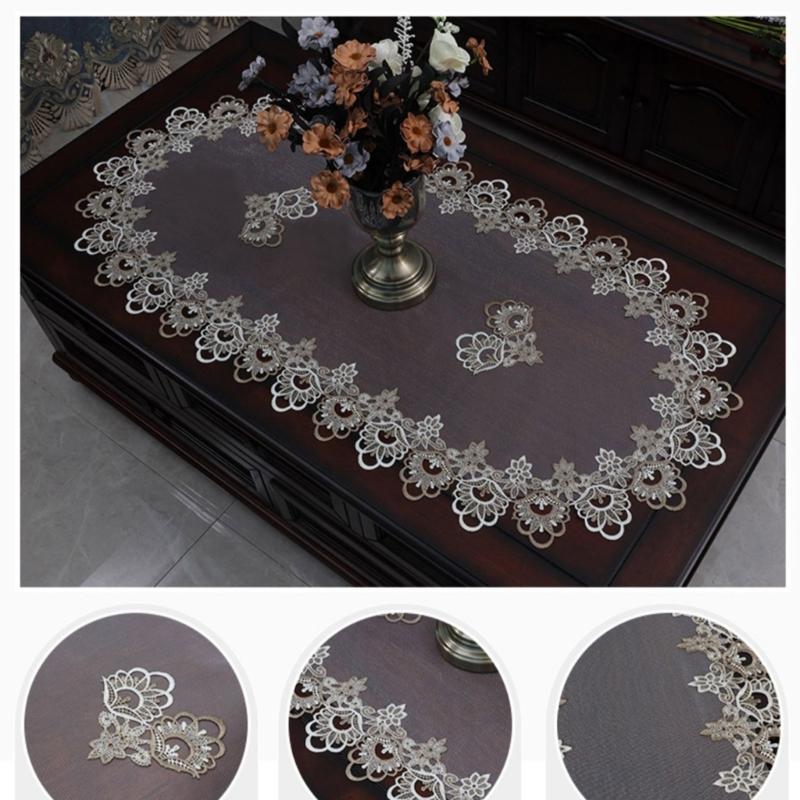 Stylish Coffee Table Cover Polyester Fabric Decorative Tablecloth Embroidery Flower Lace Doily For Dining Office Use
