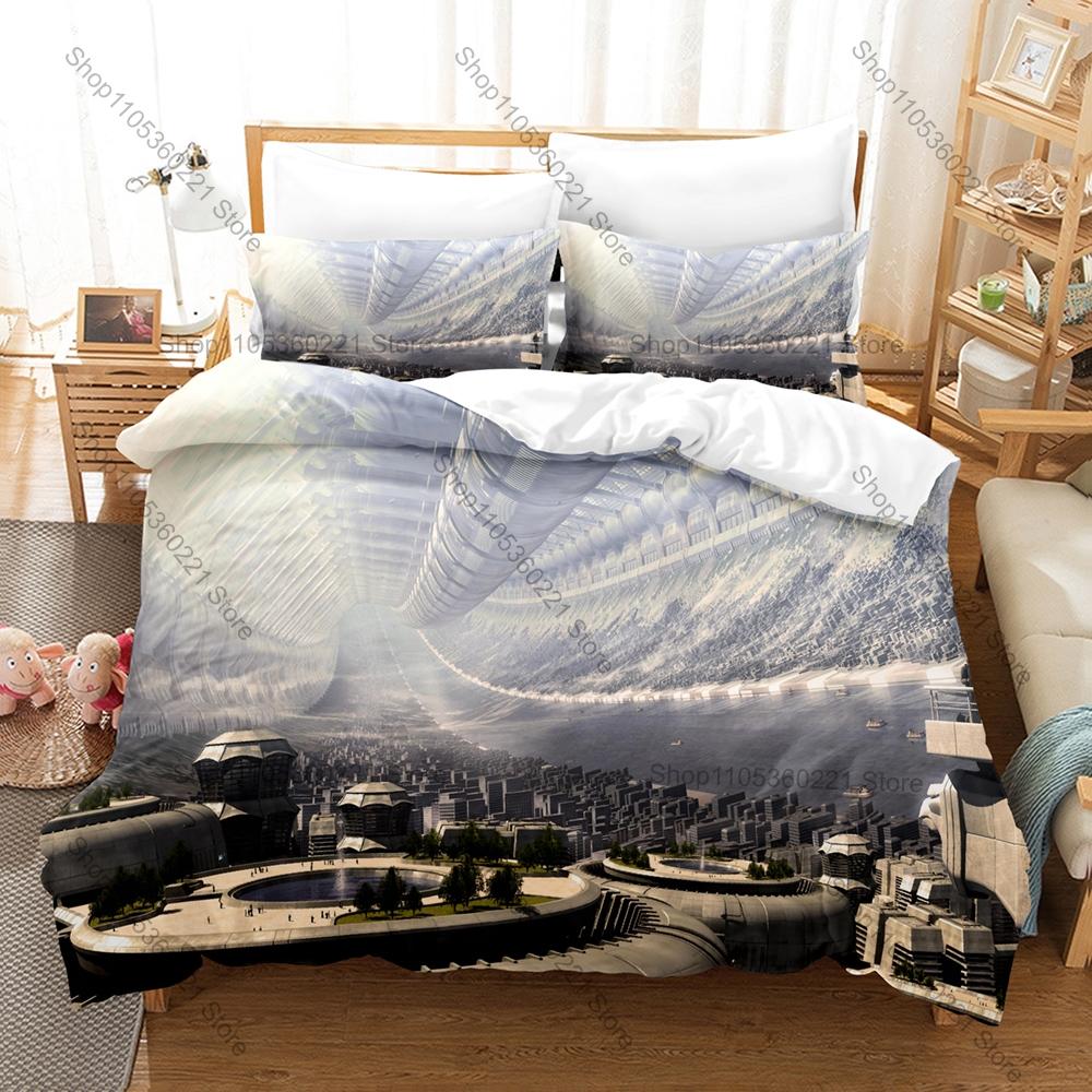 Futuristic Sci-Fi City Bedding Set, Duvet Cover and 2 Pillowcases, Modern Cyber City Pattern Breathable Fabric All Season Home