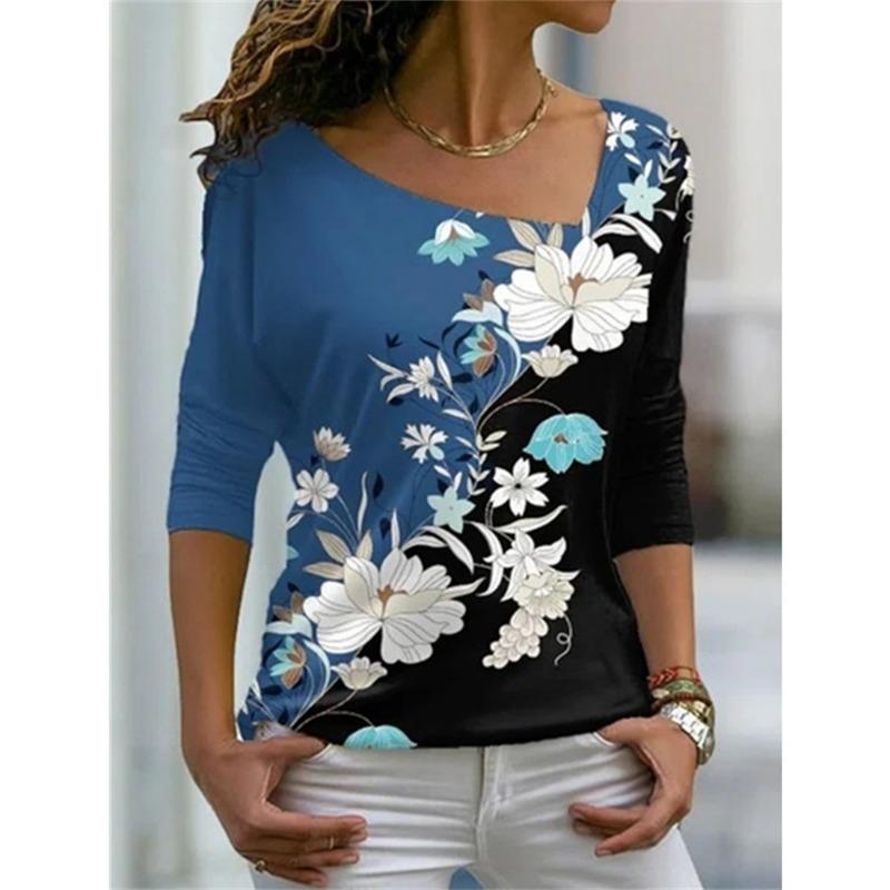 Women's T Shirt Characteristic Diagonal Neck Irregular Flower Digital 3D Print Ladies Wear Fashion Street Harajuku Ladies Tee