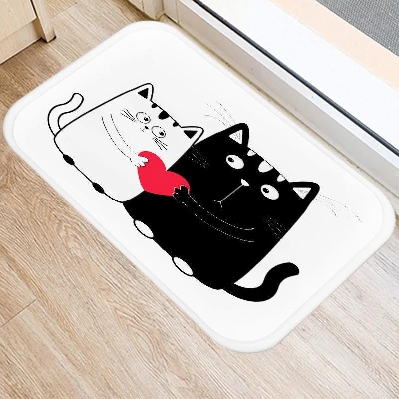 Cute Cartoon Cat Faces Carpet Black White Kawaii Minimalist Home Decoration Rug Kitchen Balcony Living Room Non-slip Floor Mat