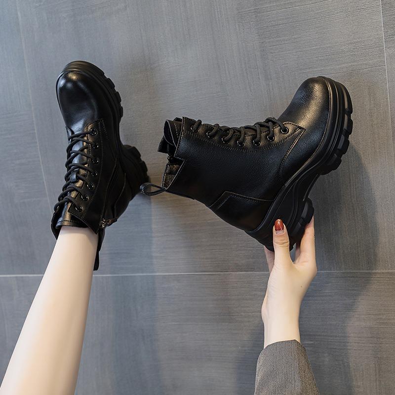 Women's shoes autumn and winter new muffin bottom thick-soled slope heel heightened high-top casual lace-up short boots women's tide