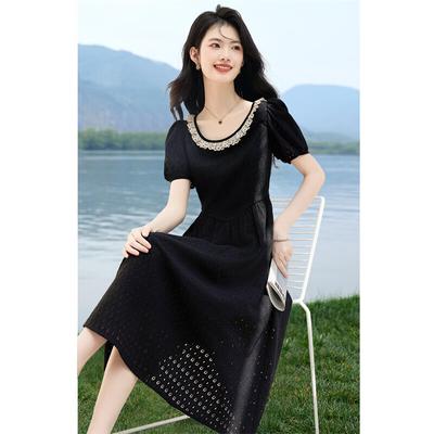 Textured Hollow-Out Round Neck Little Black Dress