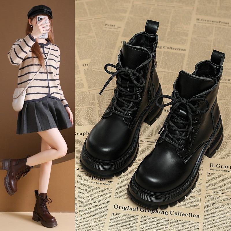 New Platform Martin Boots Women's Autumn New Single Boots Black Thin Boots Lace-up Locomotive Short Boots
