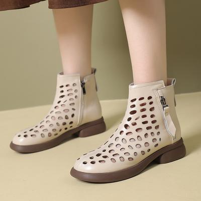 Fashion GKTINOO 2025 Summer Ankle Boots Genuine Leather Shoes Women Mid Heels Sandals Side Zip Boots Cutout Breathable Mujer Zapatos