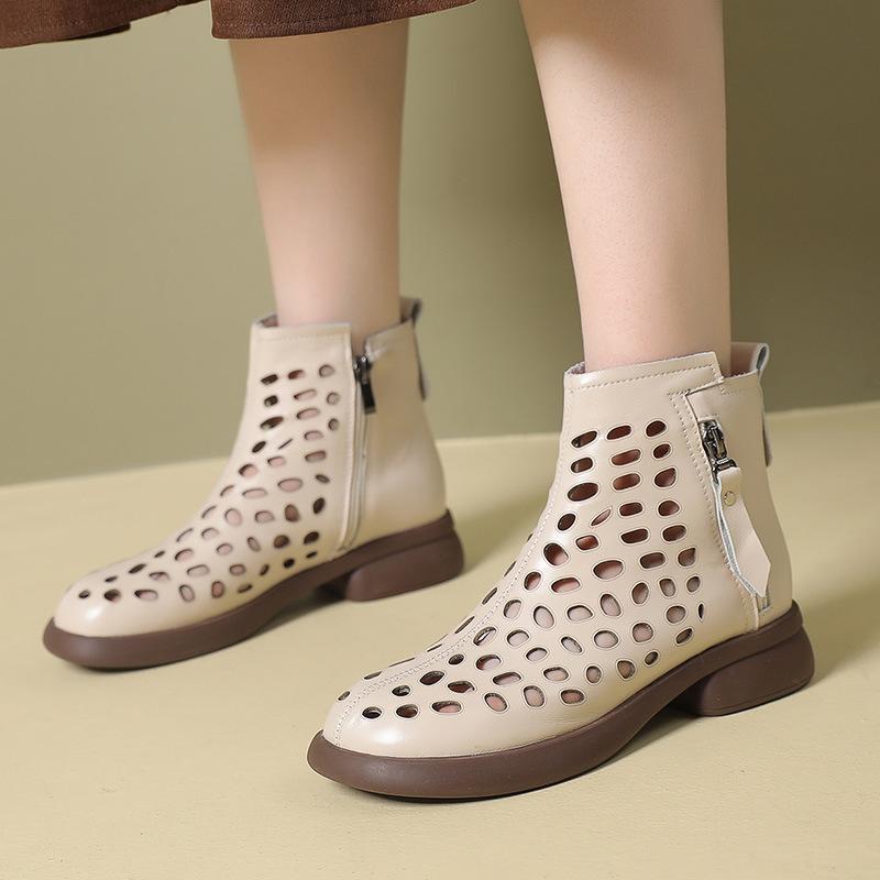 Fashion GKTINOO 2025 Summer Ankle Boots Genuine Leather Shoes Women Mid Heels Sandals Side Zip Boots Cutout Breathable Mujer Zapatos