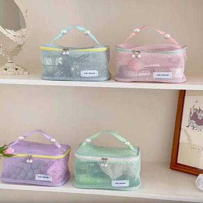 Solid Color Mesh Cosmetic Bag Zipper Large Capacity Transparent Makeup Bag Toiletry Bag Storage Bag Pillow Makeup Pouch Outdoor
